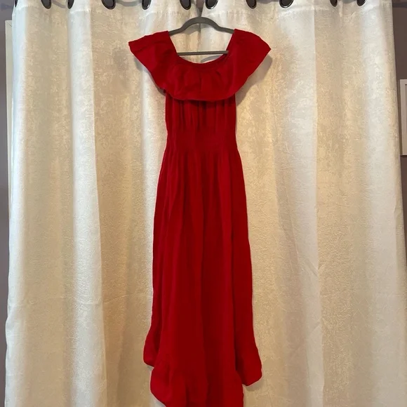 Red Off-Shoulder Ruffled High-Low Dress - Picture 2 of 4